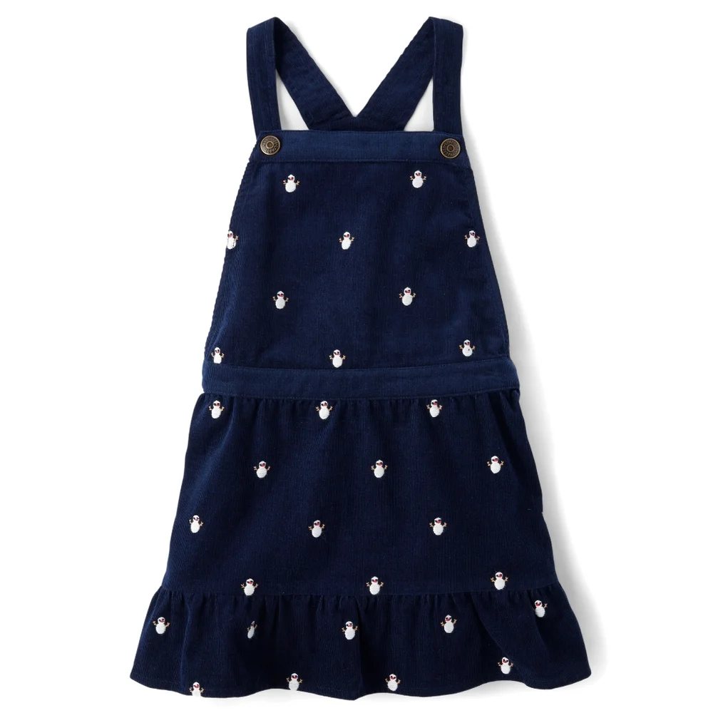 Gymboree Girls Navy Blue Embroidered Snowman Corduroy Overall Dress Size 12 NEW